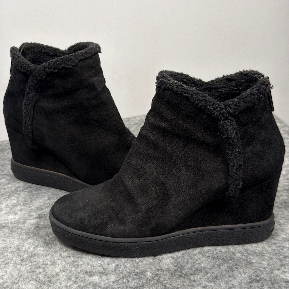 Aquatalia Ankle Boots Womens 8 Black Suede Shearling Faux Fur Trim Wedge Booties - Picture 10 of 11